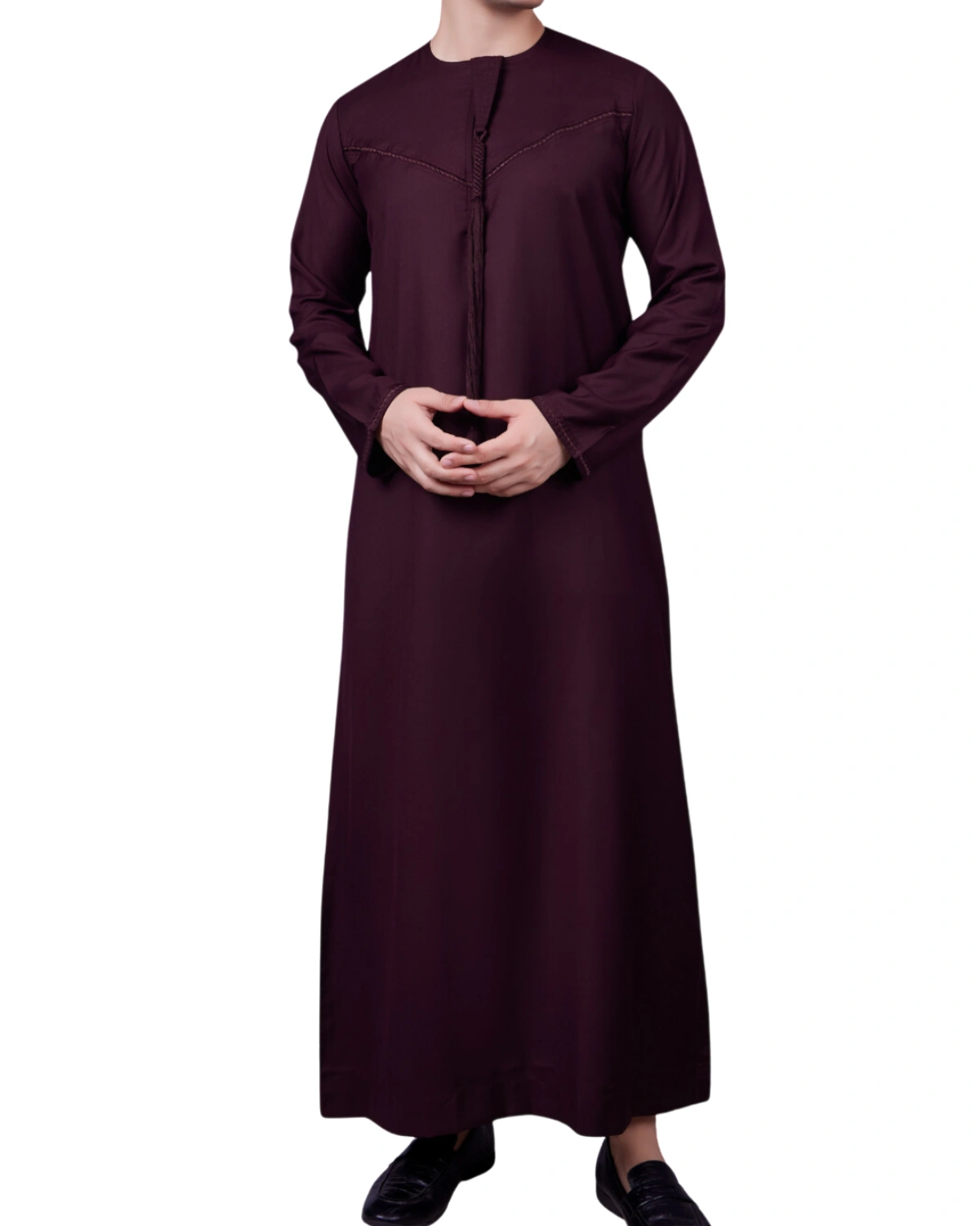 Maroon Emirati Embroidery Thobe Front View Maroon Emirati embroidery thobe for men with traditional embroidered detailing