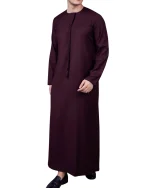 Close up of embroidery detailing on maroon Emirati thobe for men