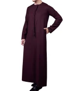 Side view of maroon Emirati embroidery thobe with classic design